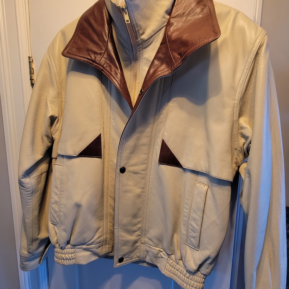 Womens Cream and Brown Leather Jacket